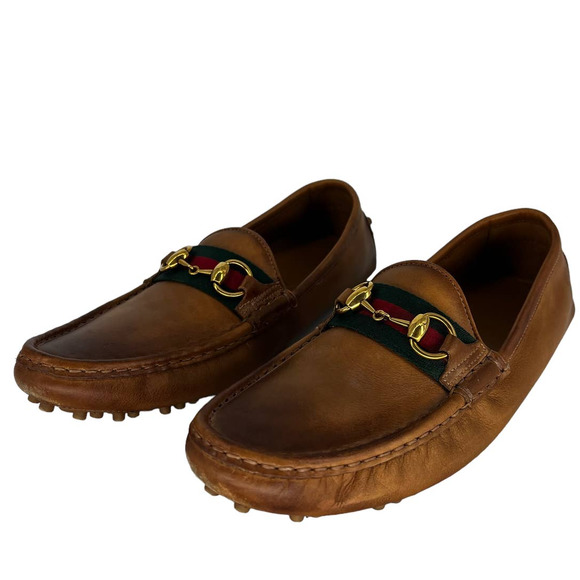Gucci Web Horsebit Leather Driver Moccasins in Brown - Picture 3 of 16